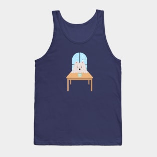 White Samoyed Dog with Winter Window and Hot Chocolate on Table Tank Top
